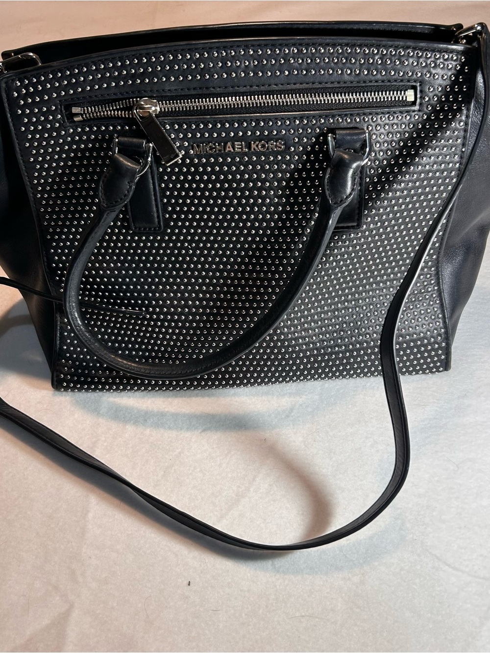 Michael Kors Sophie Large Micro-Stud Black Leather Satchel Bag w Crossbody Strap